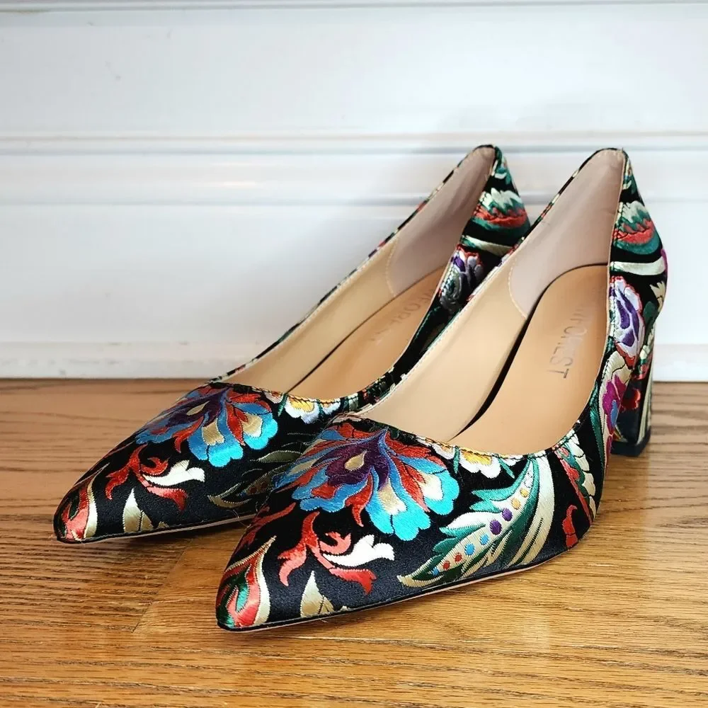 Floral Fabric Patterned Women's Block Heel Pumps Size 9 Multicolor